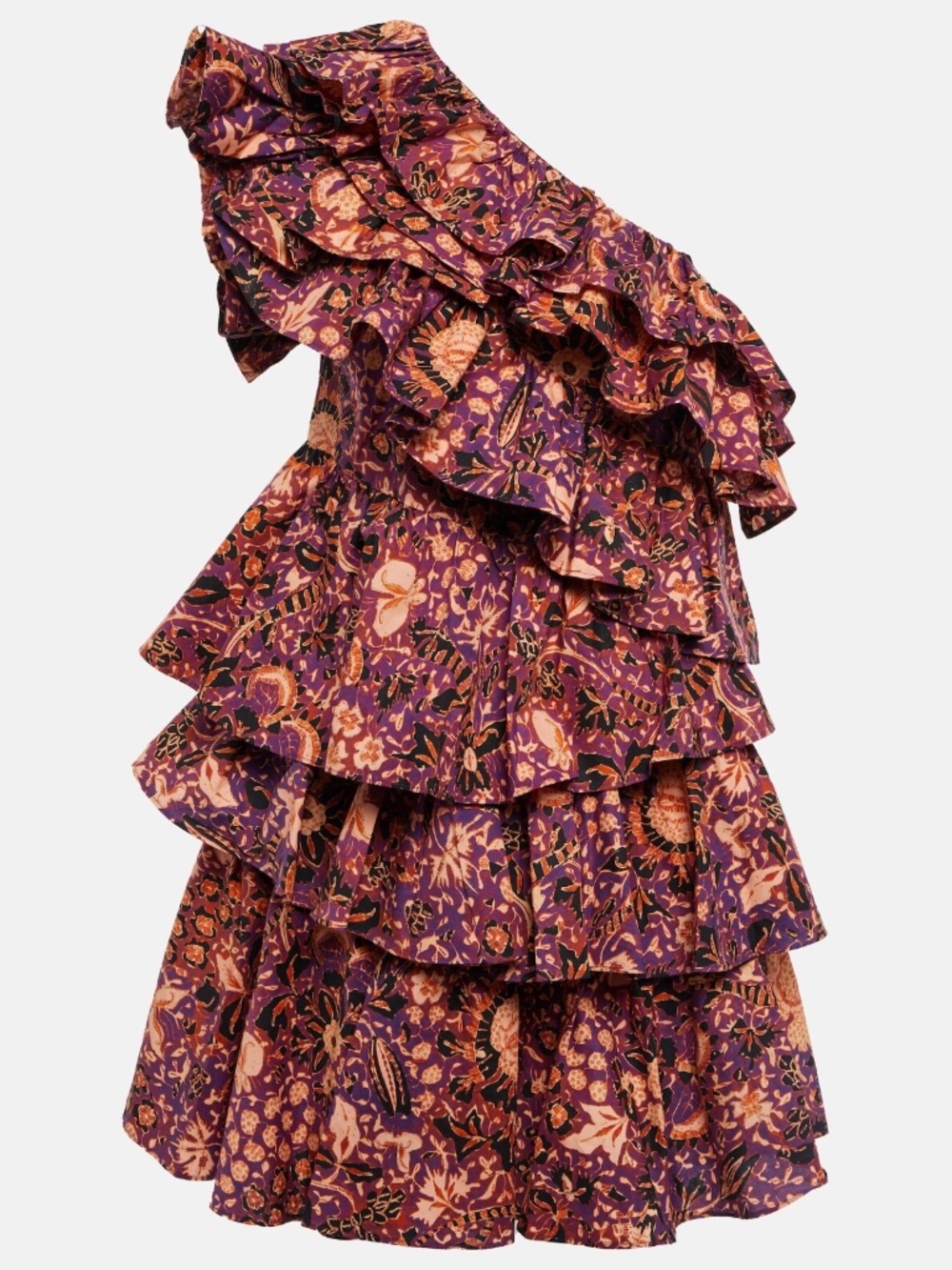 Ulla Johnson Naomi One Shoulder Ruffle Printed Cotton Poplin Mini Dress